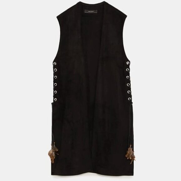 Zara Faux Suede Waist Coat with lace up strings with feathers - Picture 3 of 10